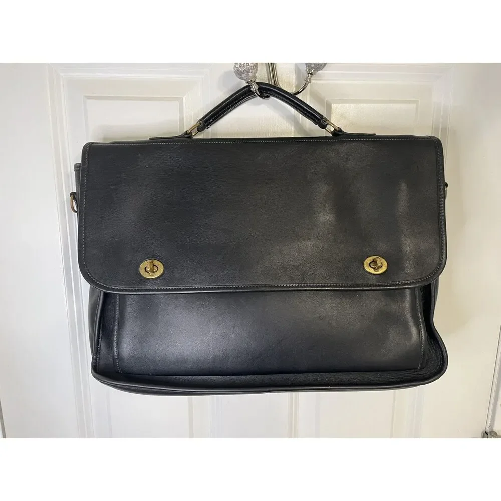 Vintage Laura USA Black Leather Briefcase Laptop Bag Work Satchel